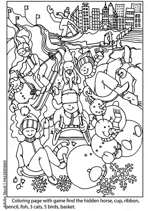 Find hidden objects. Coloring page with outdoor winter activities for ...