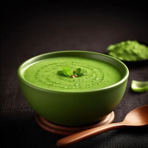 Premium AI Image | A green bowl of soup with a spoon and a spoon on the ...