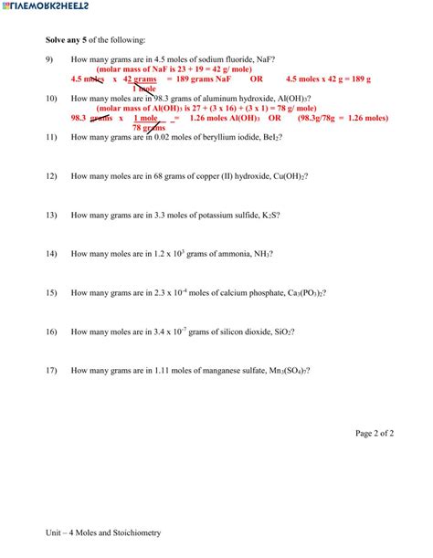 Chemistry: Mole Calculation Worksheet worksheet