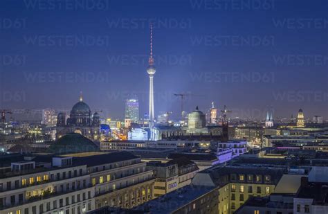 Germany, Berlin, skyline with television tower at night stock photo