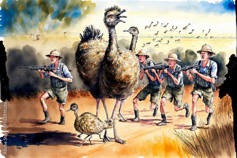 Illustration of the comedic Great Emu War: Soldiers attempting to herd ...