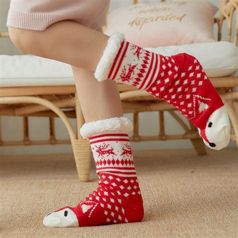 Women Winter Christmas Socks Cotton Print Thicken Anti-slip Warm Fleece ...