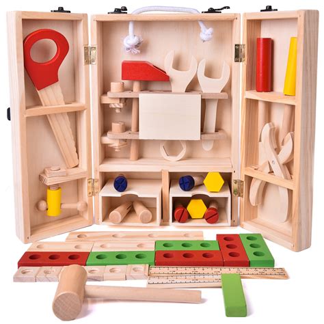 Fun Little Toys 43 PCs Wooden Tool Box Set, Kids Kits, Boy Gift ...