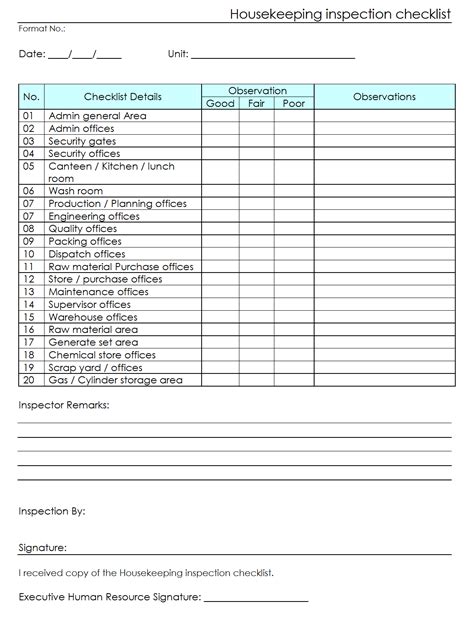 Workplace housekeeping inspection checklist for factory