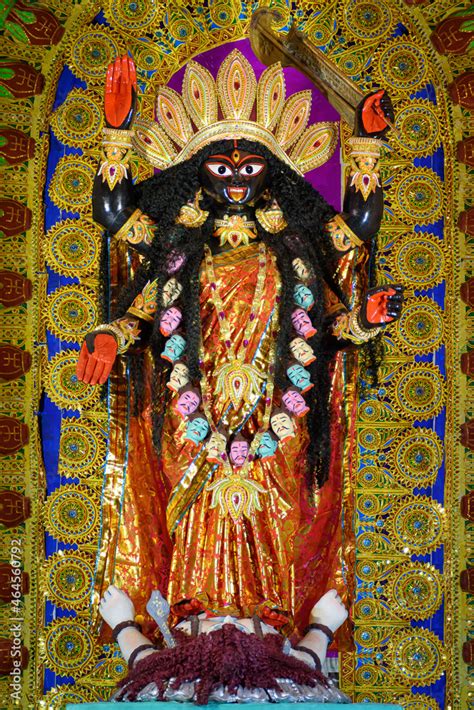 Idol of Goddess Maa Kali at a decorated puja pandal in Kolkata, West ...