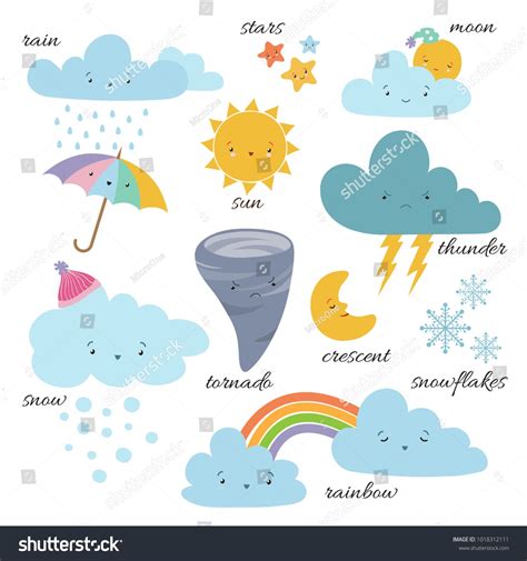 Cute cartoon weather icons. Forecast meteorology vector vocabulary ...