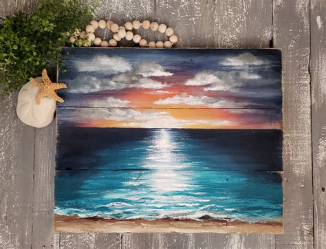 Beach sunset painting, acrylic painting on pallet wood, reclaimed wood ...