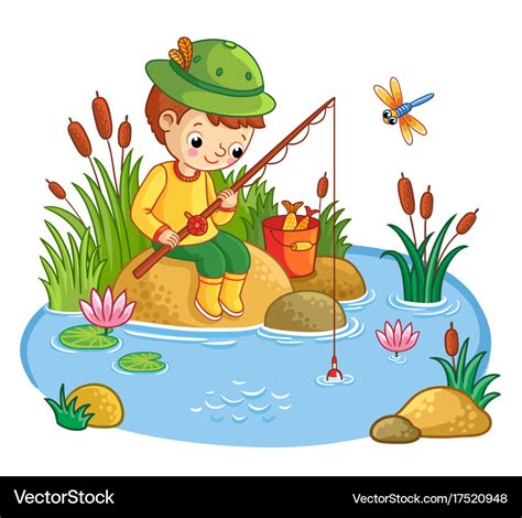 Boy sits and catches fish in a pond Royalty Free Vector