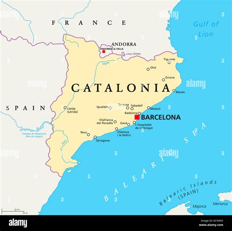 Catalonia political map with capital Barcelona, borders and important ...