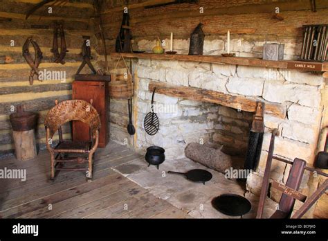 Interior of log cabin at Old Fort Harrod State Park Harrodsburg ...