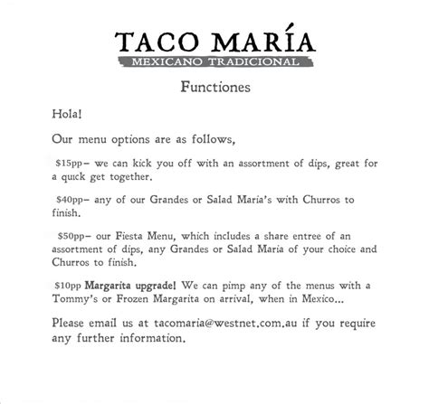 Menu at Taco Maria restaurant, Kalamunda