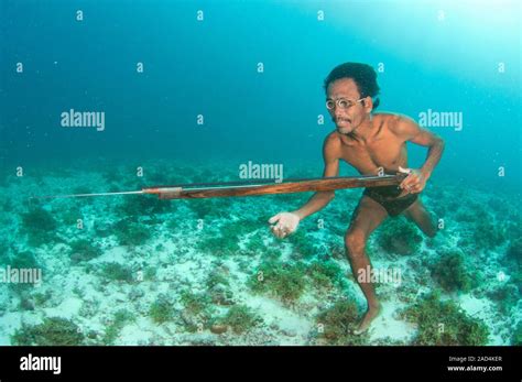 Spear fishing, Malaysia. Bajau sea gypsy spearfisherman freediving and ...