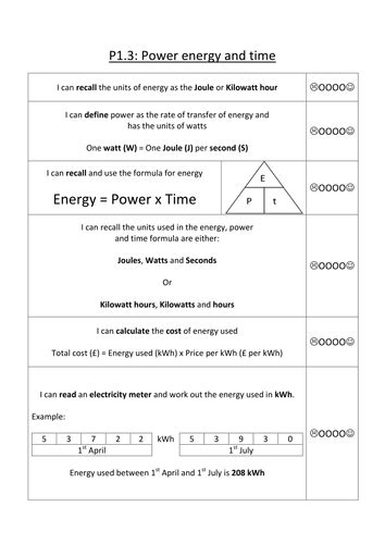 AQA P1.3 Power, energy and time summary sheet | Teaching Resources