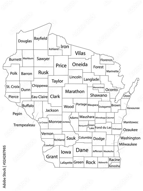 White Outline Counties Map With Counties Names of US State of Wisconsin ...