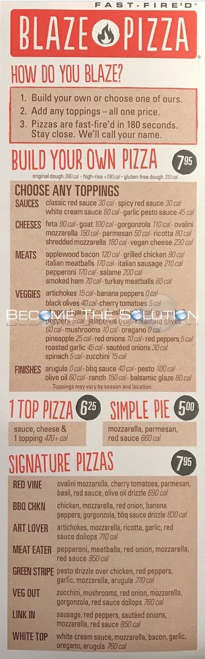 Blaze Pizza Carry Out Menu (Scanned Menu With Prices)