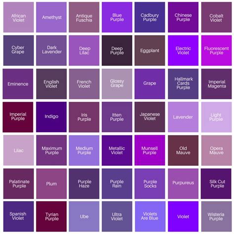 many shades of purple are shown in the same color scheme, each with ...