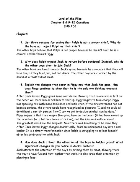 Chapter questions 8-12 - Lord of the Flies Chapter 8 & 9-12 Questions ...