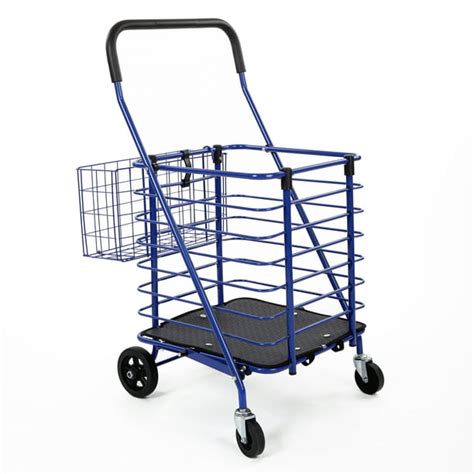 Folding Rolling Steel Wire Basket Trolley Grocery Shopping Cart, Blue ...