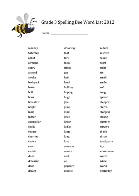 Spelling Bee Words List For Fourth Grade