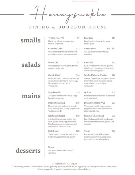 Menu at Honeysuckle Dining and Bourbon House pub & bar, Berea