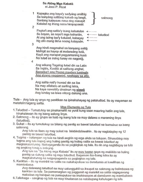 [Solved] Tula - Ang tula ay anyo ng panitikan na ipinahahayag ng ...