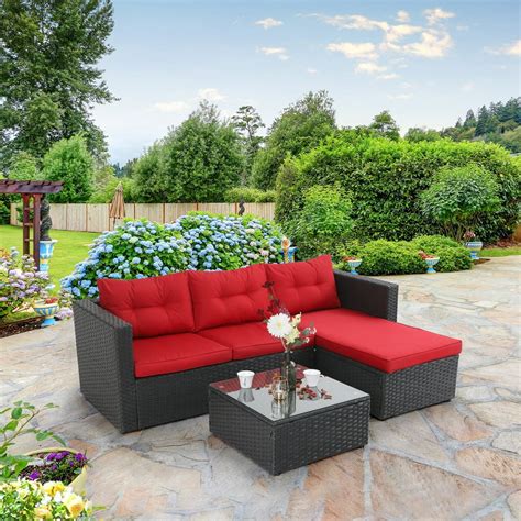 MF Studio 3 Piece Outdoor Rattan Sectional Sofa- Small Patio Wicker ...