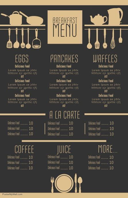 the breakfast menu is shown with utensils and other food items on black ...