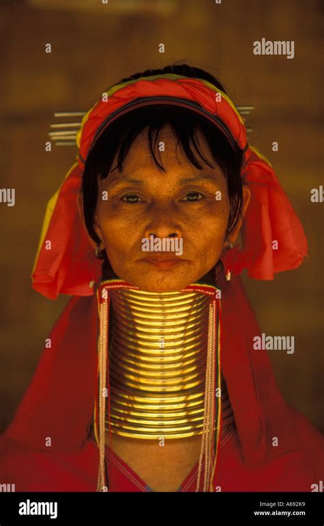 A Padaung woman wearing traditional brass neck rings in Nai Soi a ...