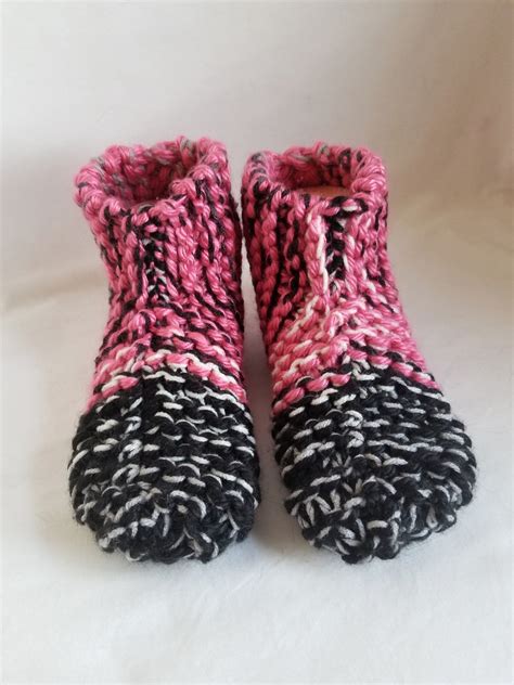 Hand Knit Bootie Slippers for Women in Pink and Black | Etsy