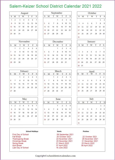 Salem-Keizer School District, Oregon Calendar Holidays 2021-2022 School ...