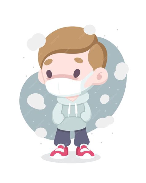 Premium Vector | Cute cartoon style sick man wearing face mask ...