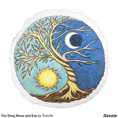 the yin - yang moon and sun symbol is painted on a round pillow with ...