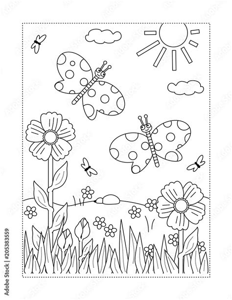 Spring or summer joy themed coloring page with butterflies, flowers ...