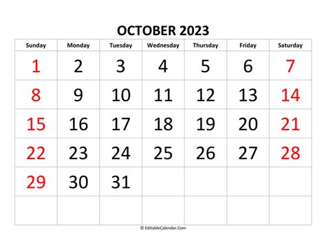 Download October 2023 Calendar Editable (Word Version)