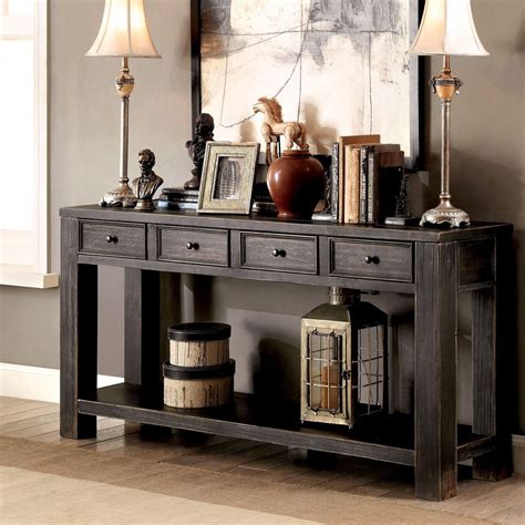 Antique Black 4-drawer Solid Wood Sofa Console Entryway Table Furniture ...