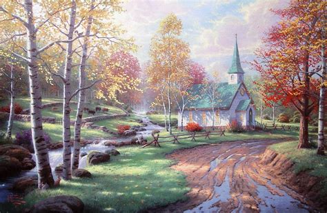 thomas, Kinkade, Art, Paintings, Roads, Rustic, Rivers, Church ...