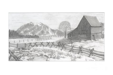 Ranch In Winter Drawing by Kathy Burns