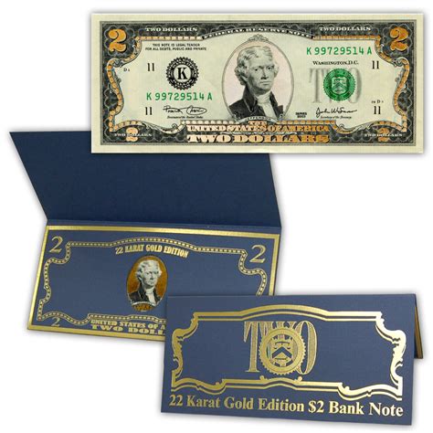 22k Gold Layered Uncirculated Two Dollar Bill - Special Edition ...