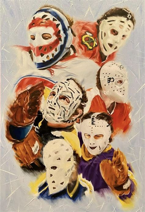 an oil painting of hockey players with their faces painted in different ...