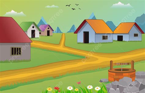 Cartoon Background Village Scene Vector Illustration With Old Houses ...