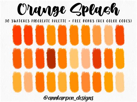 Orange Splash Procreate Palette, 30 HEX Color Codes, Instant Digital ...