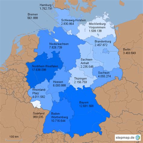 StepMap - Einwohnerzahlen der Bundesländer - Landkarte für Deutschland