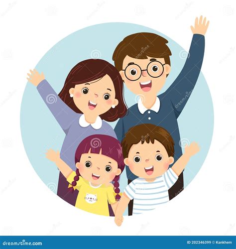 Cartoon of a Portrait of Four Members Happy Family Raising Up Hands ...