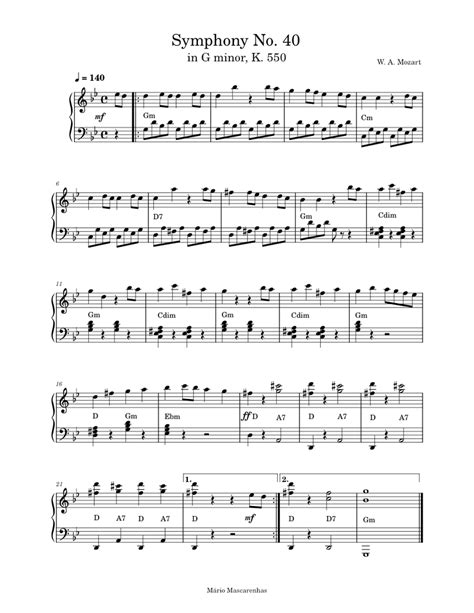 Mozart - Symphony No. 40 Sheet music for Piano (Solo) | Musescore.com