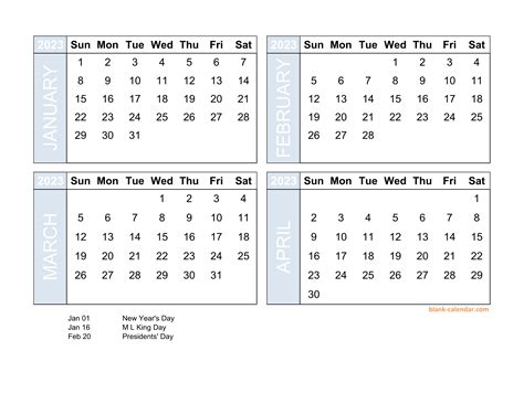 4 Month Calendar 2023 - Printable Template Calendar