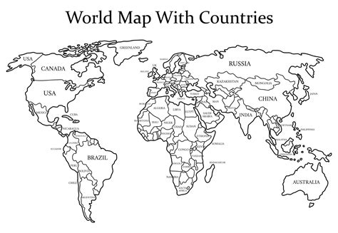 Black and White World Map with Countries | World map printable, World ...