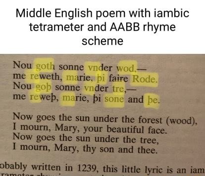 Middle English poem with iambic tetrameter and AABB rhyme scheme wader ...