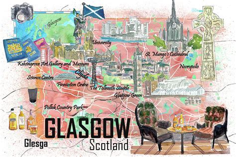 Glasgow Scotland Illustrated Travel Map with Roads and Highlights ...