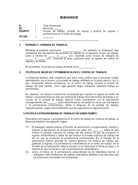 MEMORÁNDUM Horario de trabajo, jornada de trabajo y política de ingreso ...