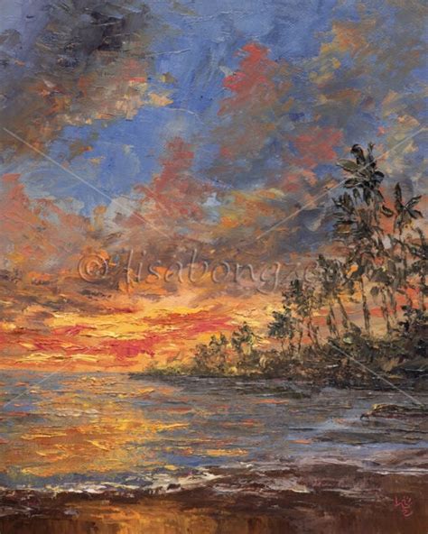 Liquid Sunset (Hawaii Beach Palm Trees) - Original Oil Palette Knife ...